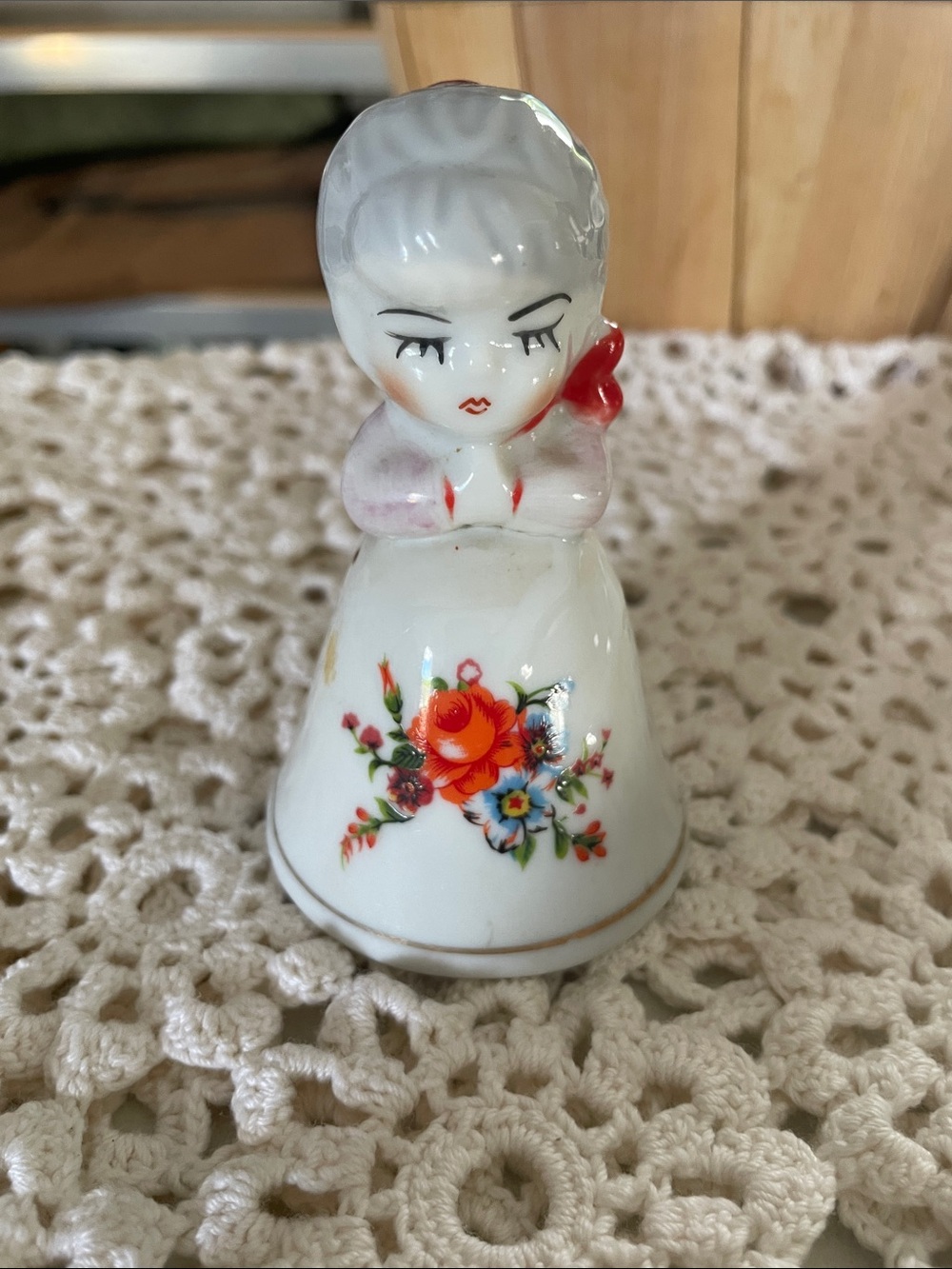 Genuine Porcelain bisque Floral Bell Figurine in White with Red Accents